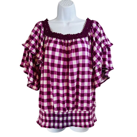 Est 1946 Women's Purple White Check Elastic Waist Ruffle Sleeve‎ Blouse Size L - Picture 1 of 9